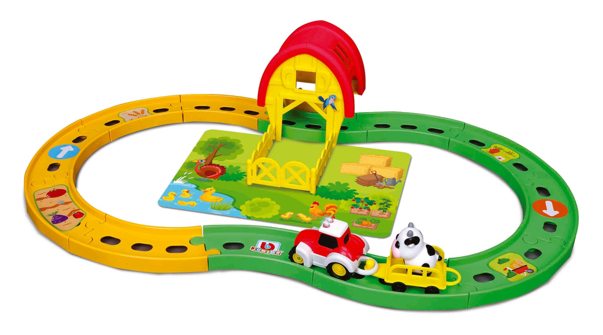 BB Junior Shake-It Runner Farm Tractor Playset (Toddler Size) - Interactive Figure-8 Track Toy with Detachable Trailer, Cow Figure, and Shape Sorter (Ages 2+)