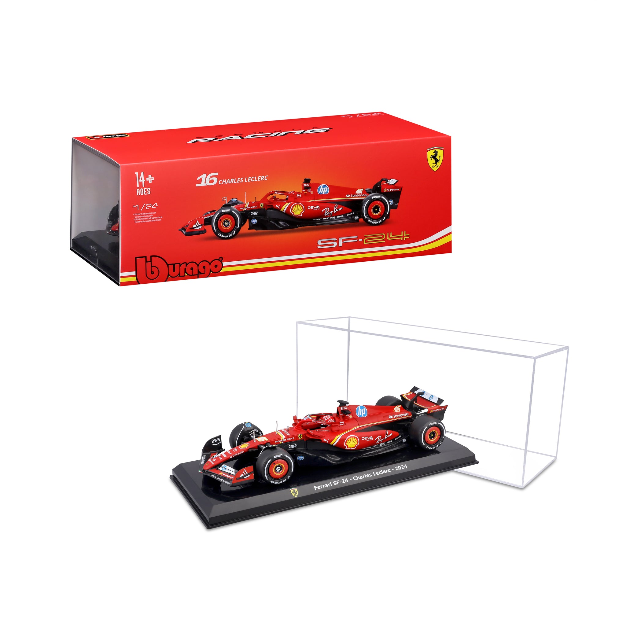 Bburago 1/24 Scale 2024 Ferrari SF-24 #16 Charles Leclerc F1 Diecast Model Car with Display Case