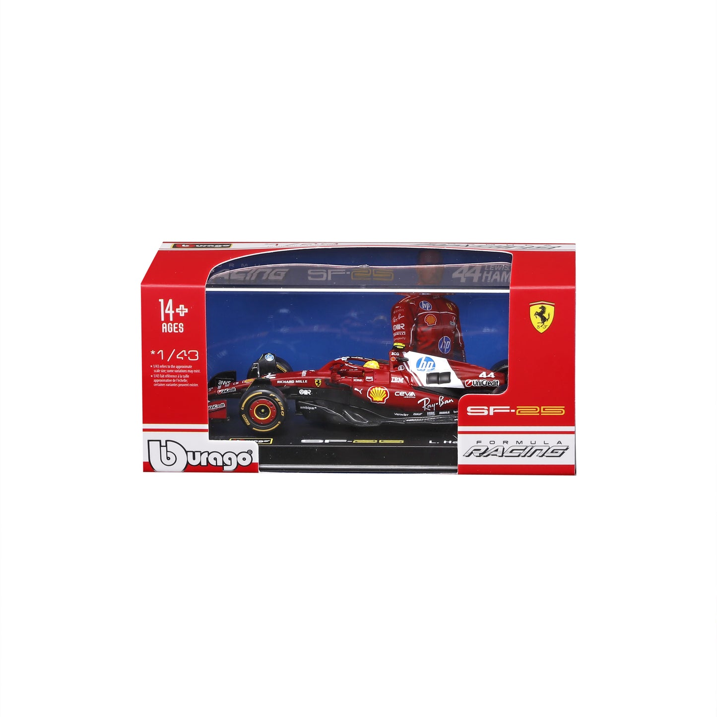 Bburago 1:43 Scale 2025 Ferrari SF-25 Miami GP #44 Lewis Hamilton Diecast Model with Display Case