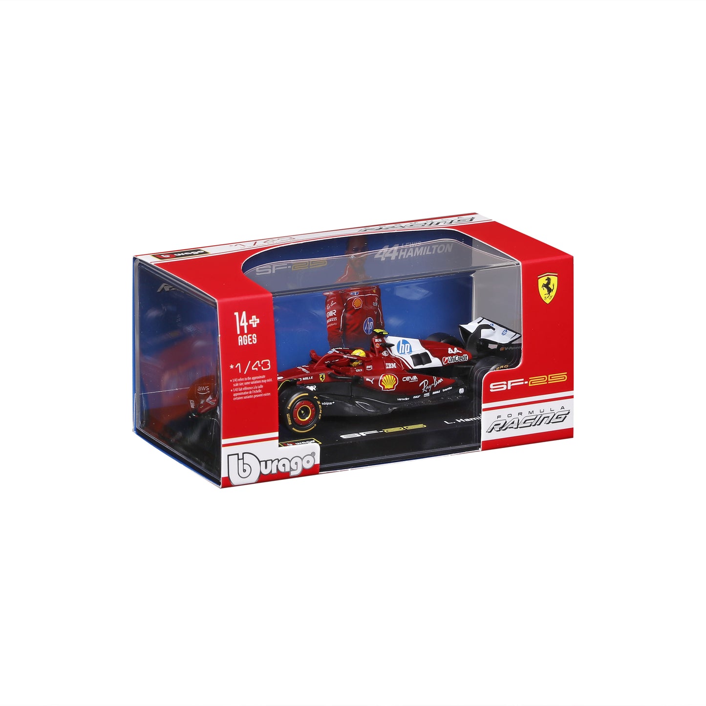 Bburago 1:43 Scale 2025 Ferrari SF-25 Miami GP #44 Lewis Hamilton Diecast Model with Display Case