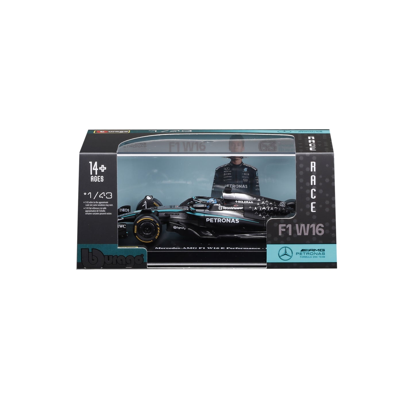 Bburago 1:43 Scale Diecast Model 2025 Mercedes-AMG F1 W16 Race Car - #63 George Russell With Display Case