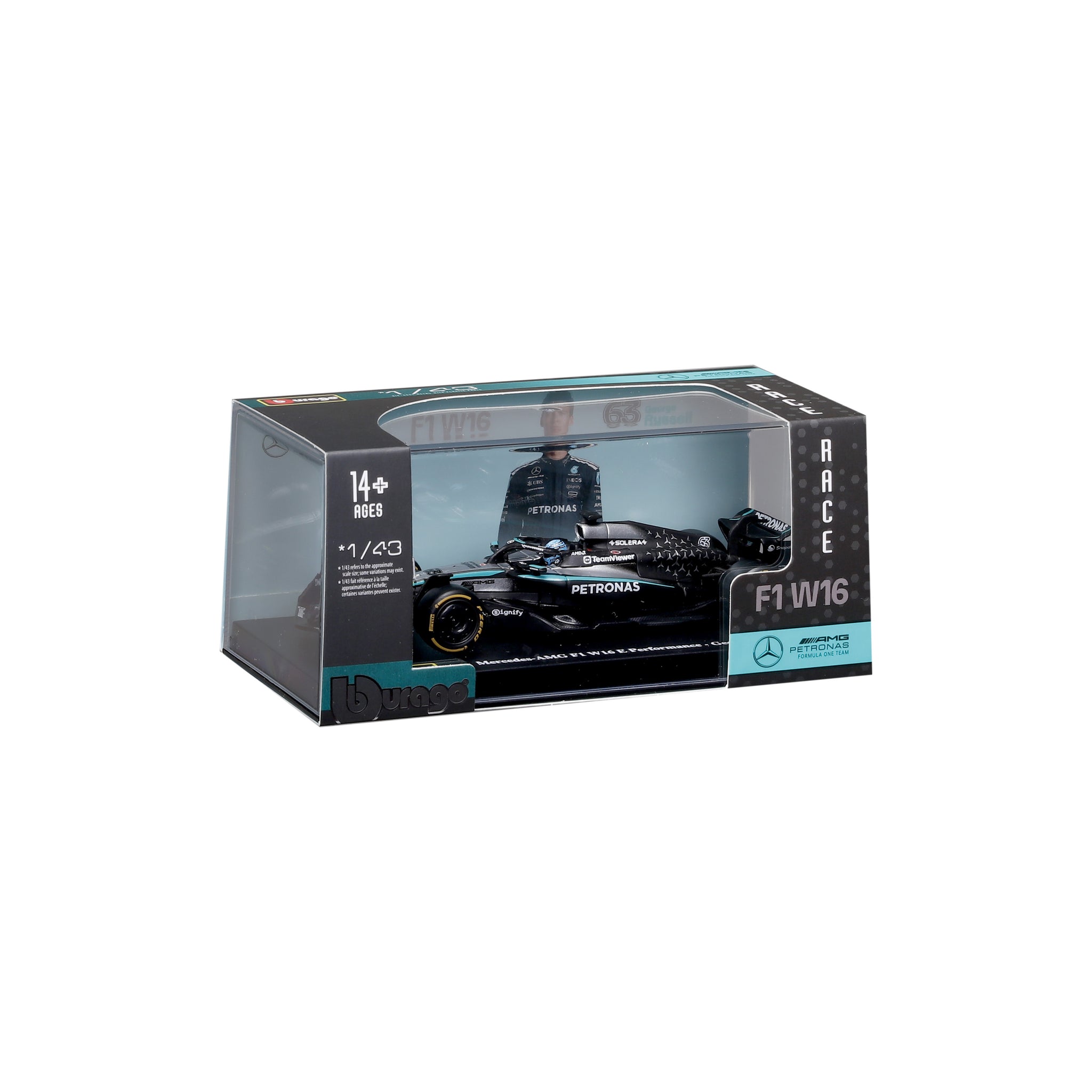 Bburago 1:43 Scale Diecast Model 2025 Mercedes-AMG F1 W16 Race Car - #63 George Russell With Display Case