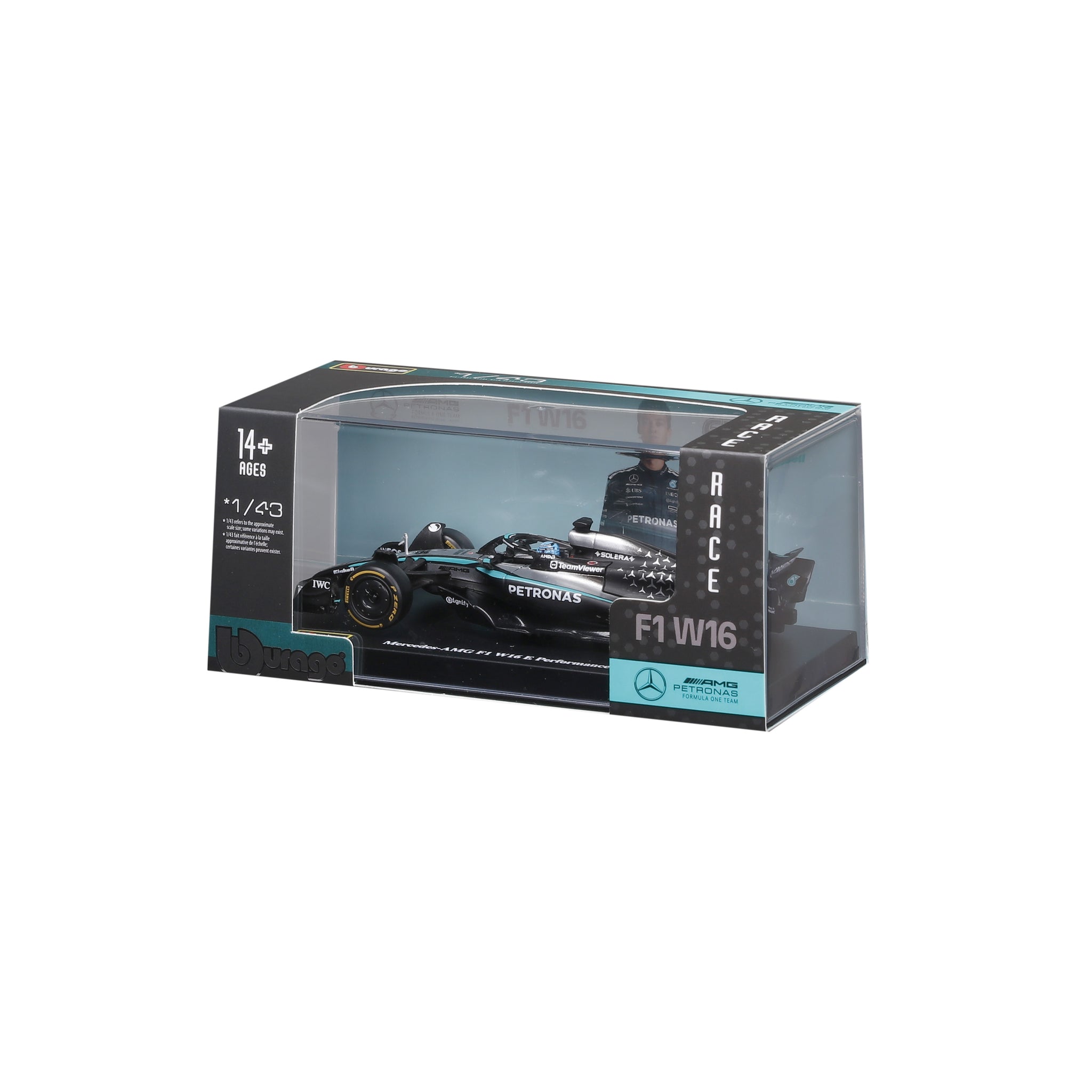 Bburago 1:43 Scale Diecast Model 2025 Mercedes-AMG F1 W16 Race Car - #63 George Russell With Display Case