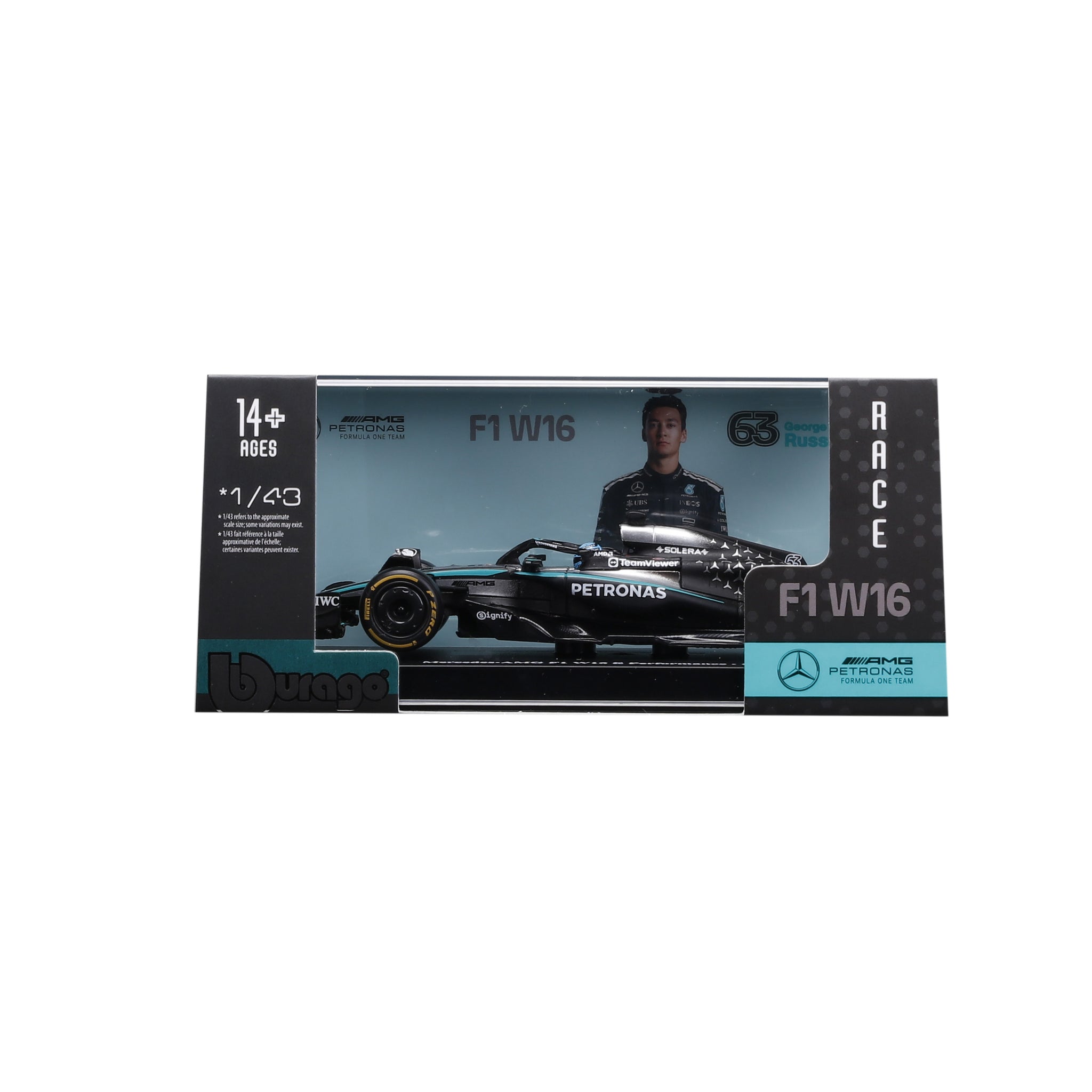 Bburago 1:43 Scale Diecast Model 2025 Mercedes-AMG F1 W16 Race Car - #63 George Russell With Display Case