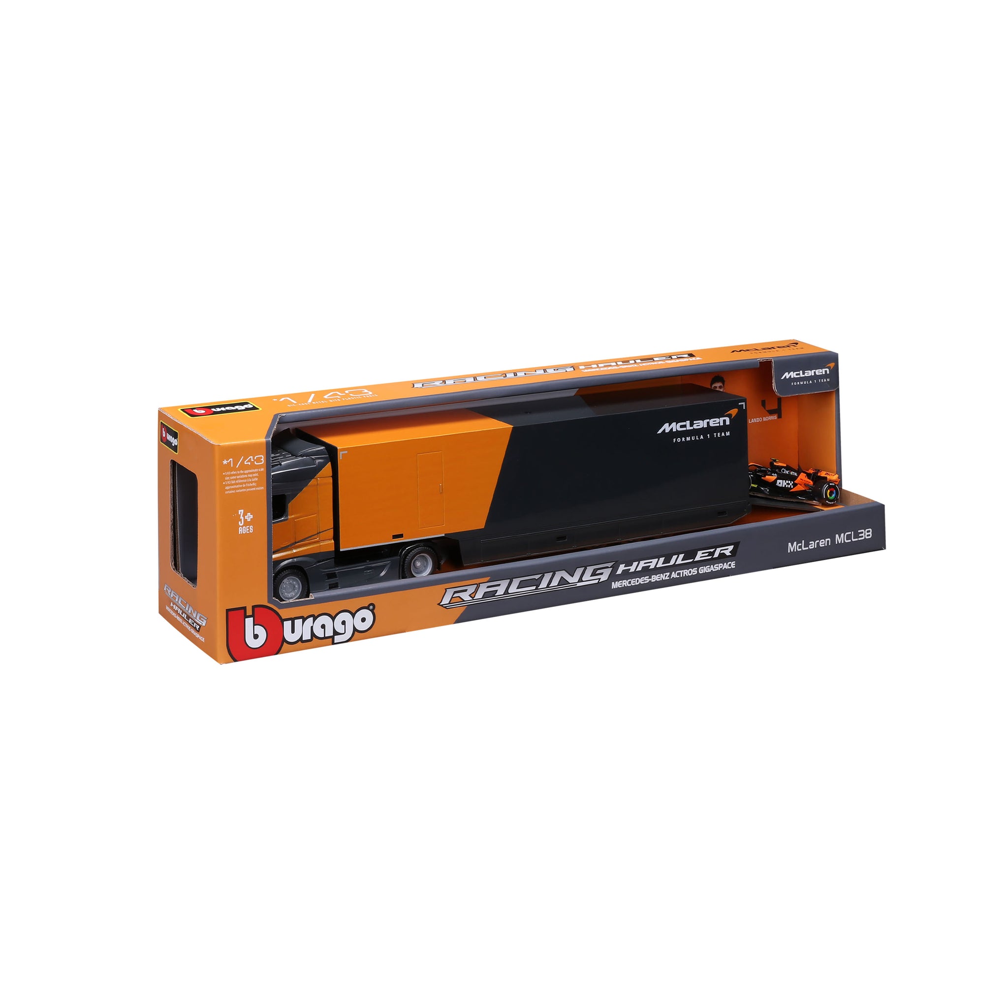 Bburago 1:43 Scale Mercedes-Benz Actros 2 Transporter and McLaren MCL38 F1 2024 Lando Norris #4 Diecast Hauler Set