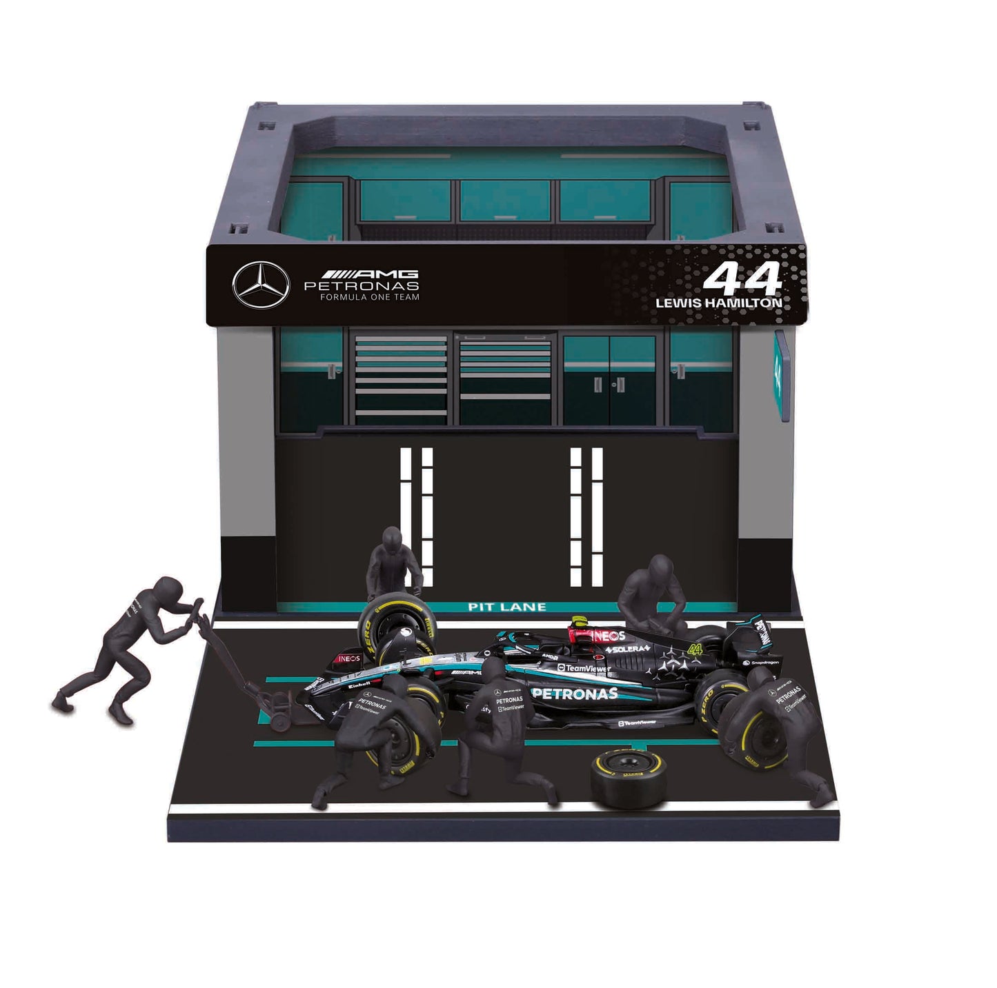 Bburago 1:43 Scale Mercedes-AMG F1 W15 #44 Lewis Hamilton Formula Pit Pass Diorama Set