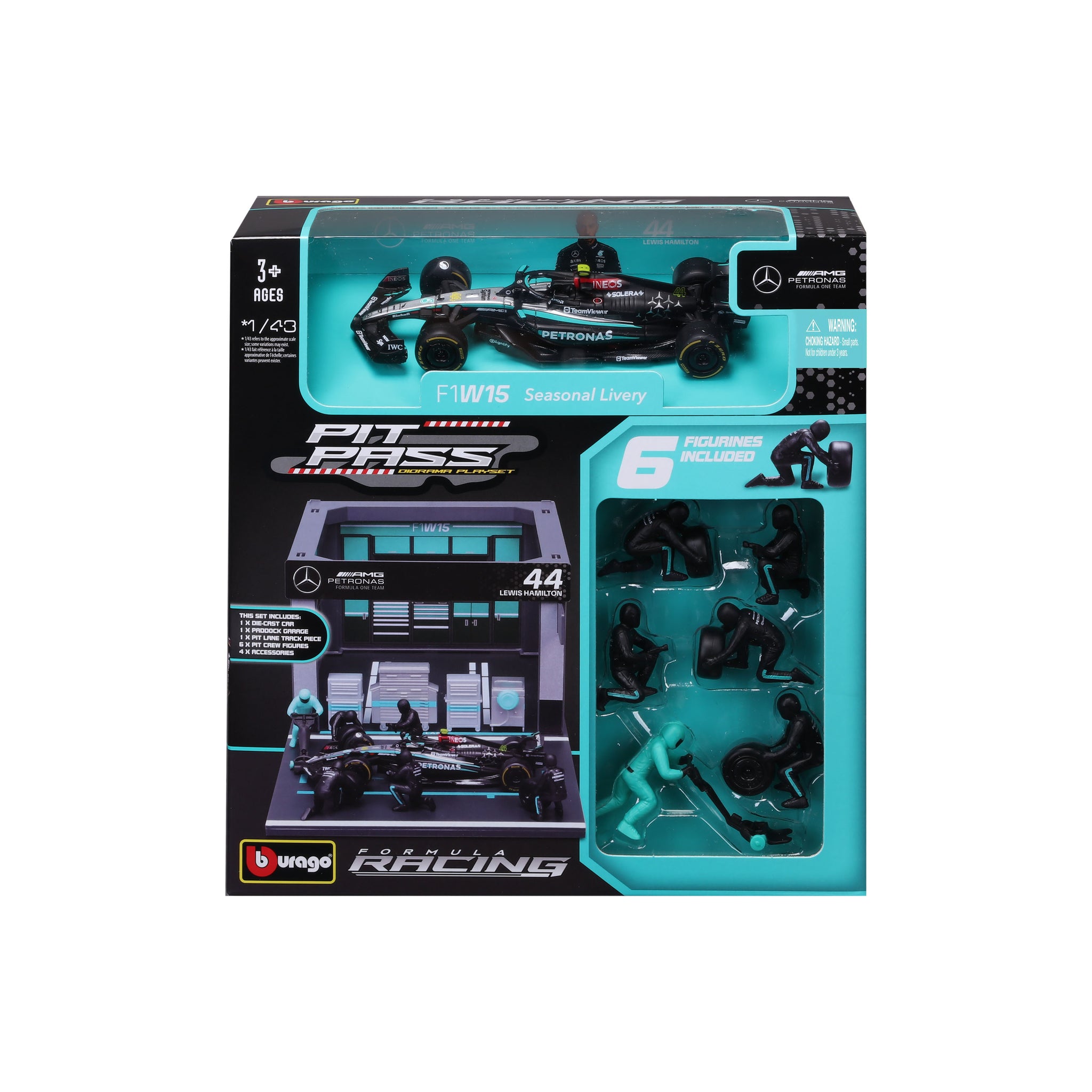 Bburago 1:43 Scale Mercedes-AMG F1 W15 #44 Lewis Hamilton Formula Pit Pass Diorama Set