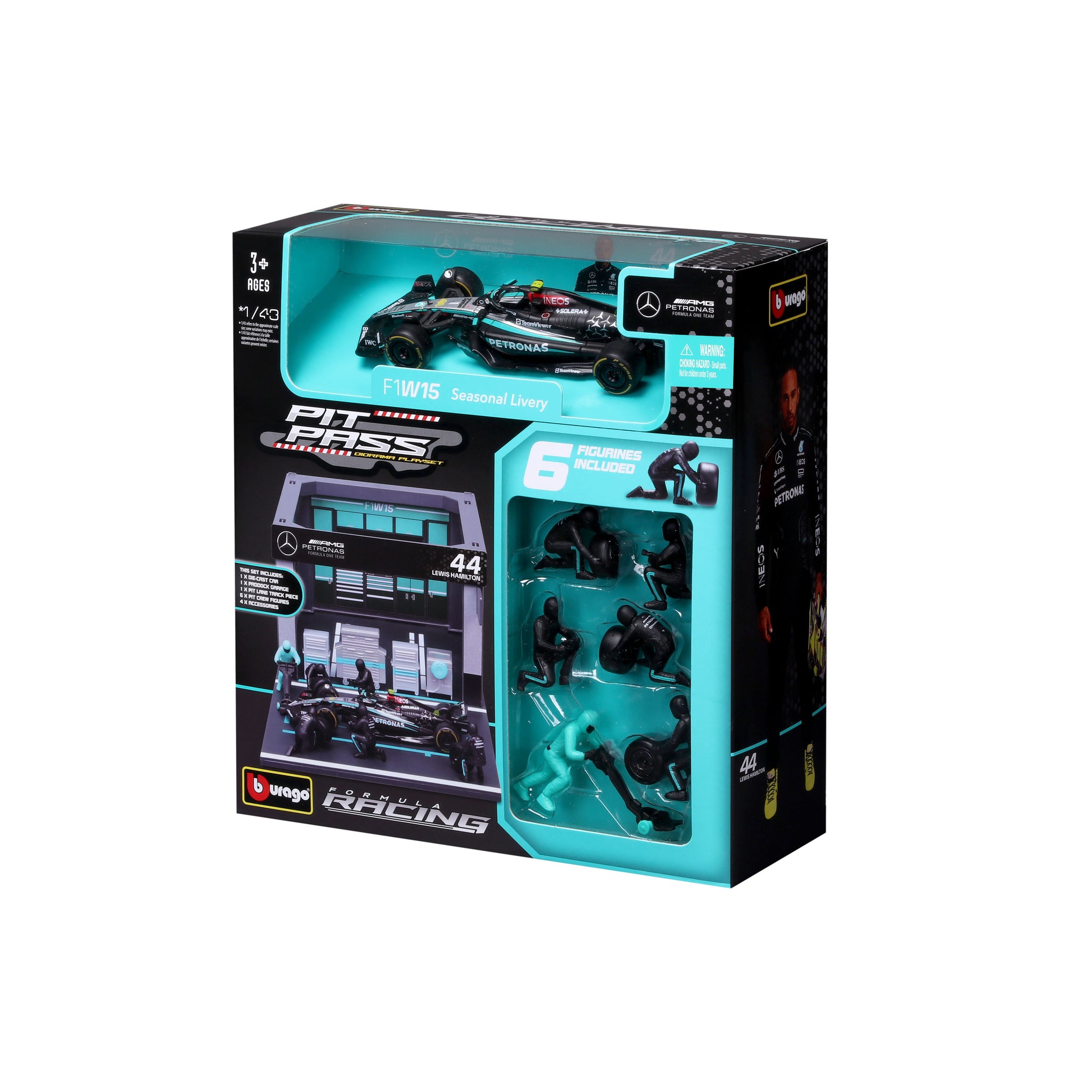 Bburago 1:43 Scale Mercedes-AMG F1 W15 #44 Lewis Hamilton Formula Pit Pass Diorama Set