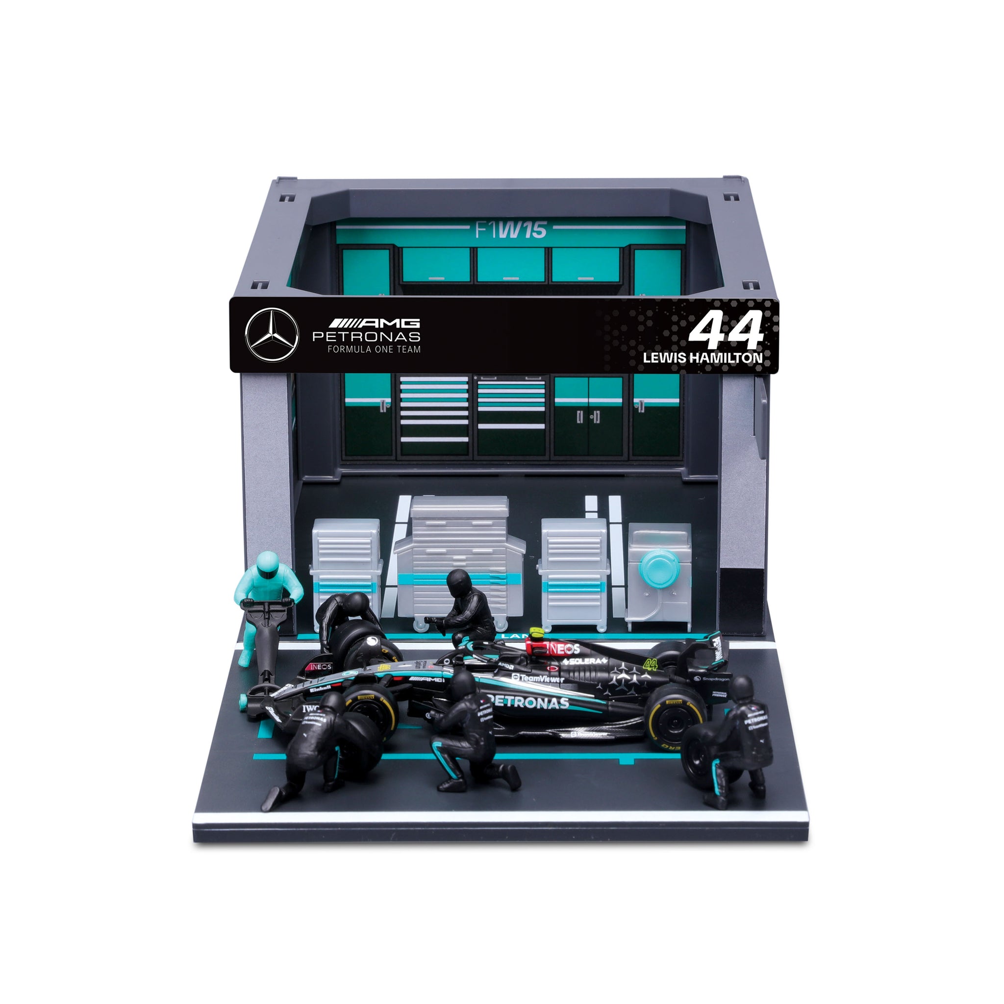 Bburago 1:43 Scale Mercedes-AMG F1 W15 #44 Lewis Hamilton Formula Pit Pass Diorama Set