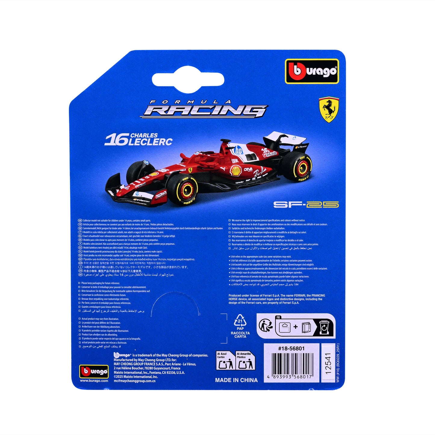 Bburago 1/64 Scale Diecast 2025 Ferrari SF-25 F1 Race Car - #16 Charles Leclerc Collectible Model