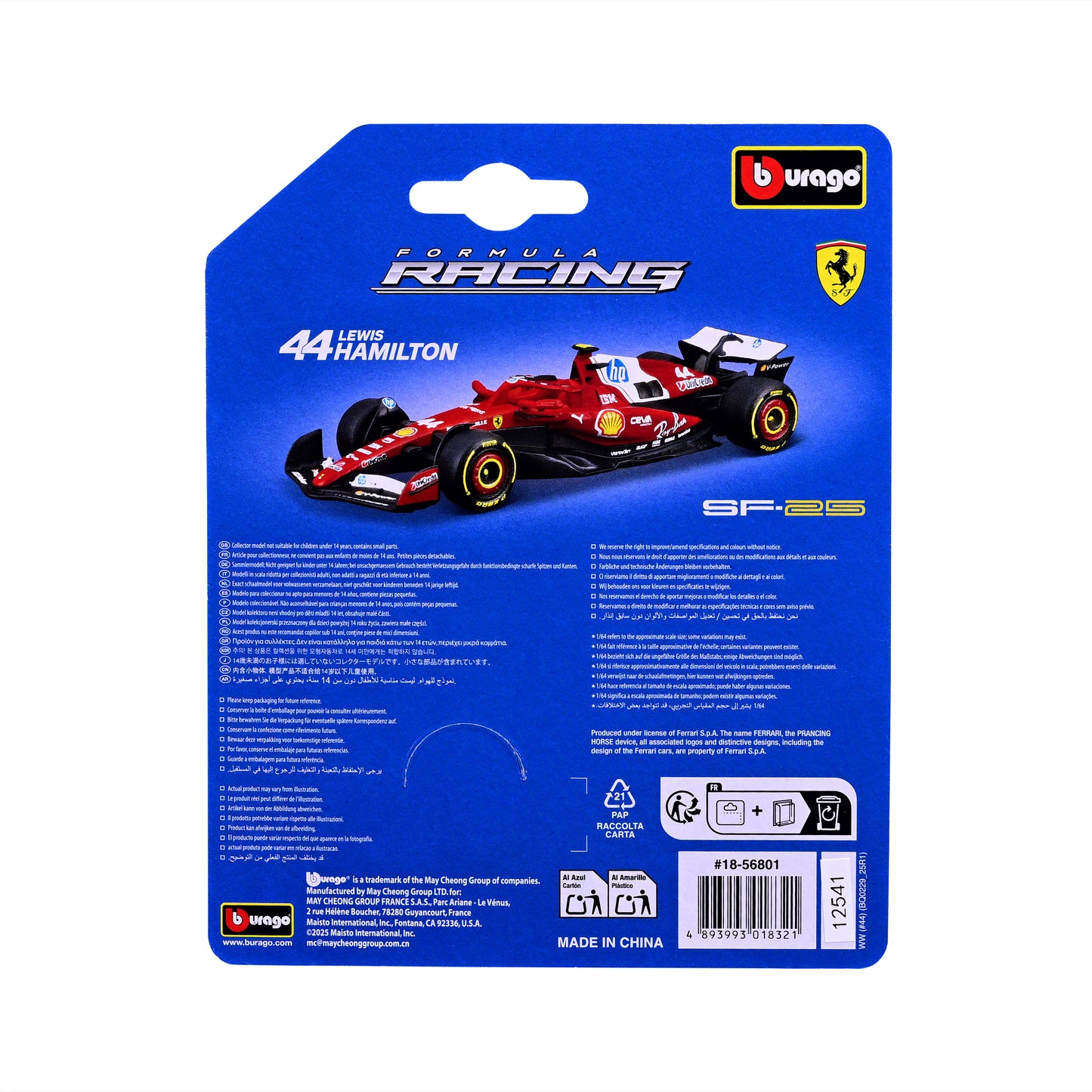 Bburago 1:64 Scale Diecast Model 2025 Ferrari SF-25 Formula 1 Race Car - #44 Lewis Hamilton