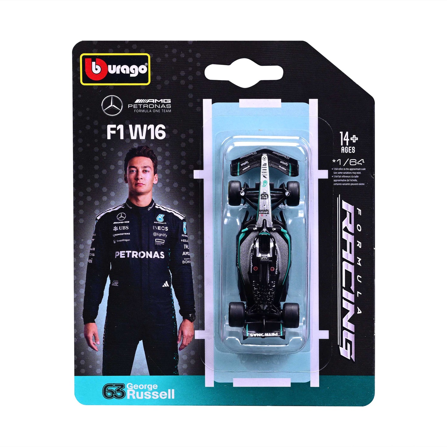 Bburago 1/64 Scale Diecast 2025 Mercedes-AMG Petronas F1 W16 - #63 George Russell Race Car