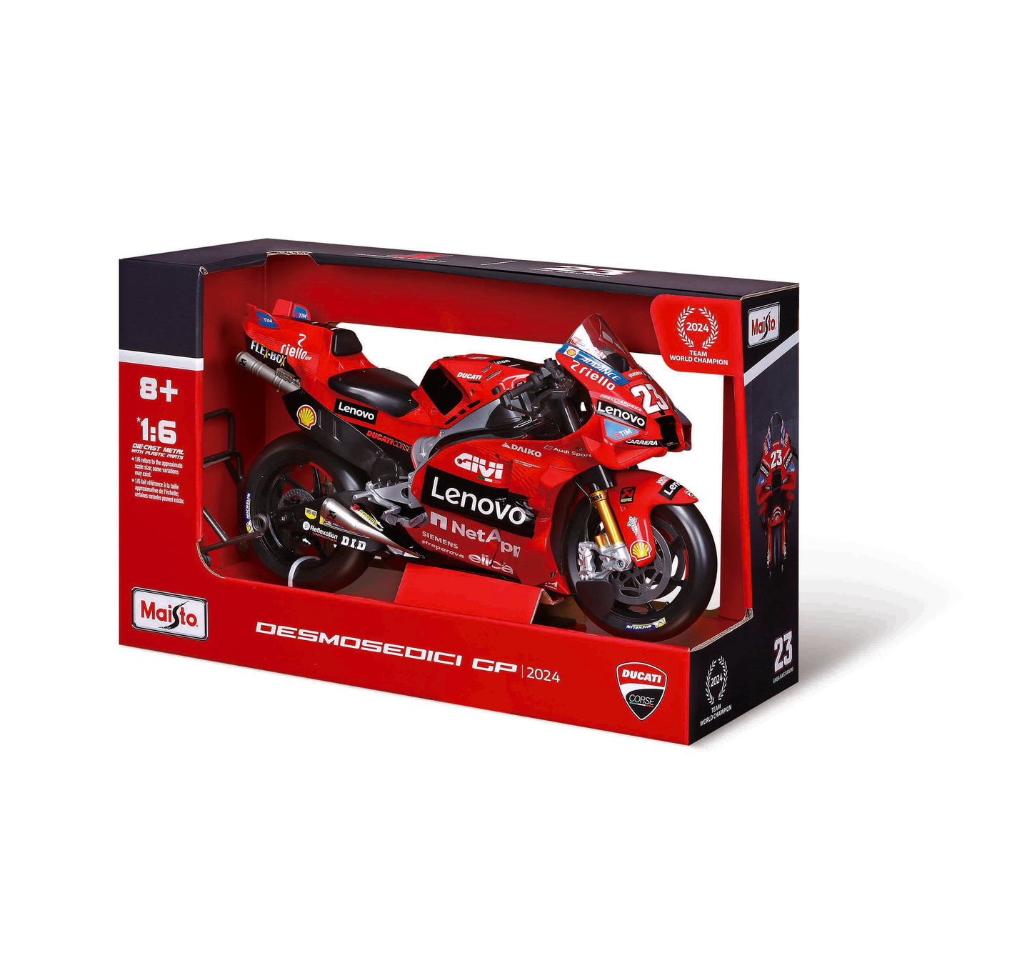 Maisto 1:6 Scale Ducati Desmosedici GP24 MotoGP Diecast Model Motorcycle, Lenovo Team Racing Replica