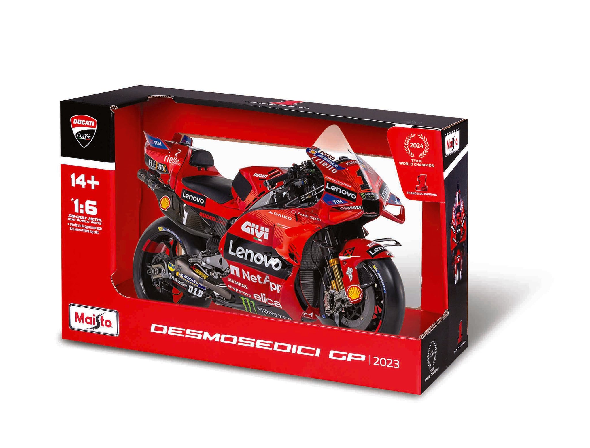 Maisto 1:6 Scale Ducati Desmosedici GP24 MotoGP Diecast Model Motorcycle, Lenovo Team Racing Replica