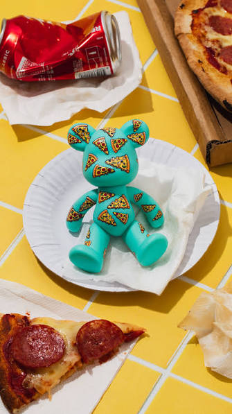 Mozzarella Dreams KUMA PAW Food Collection Bear Figure, Teal Pizza Print