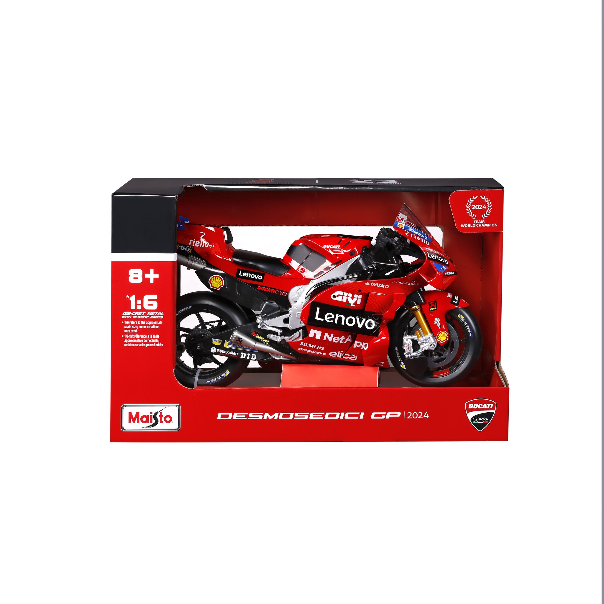 Maisto 1:6 Scale Ducati Desmosedici GP24 MotoGP Diecast Model Motorcycle, Lenovo Team Racing Replica