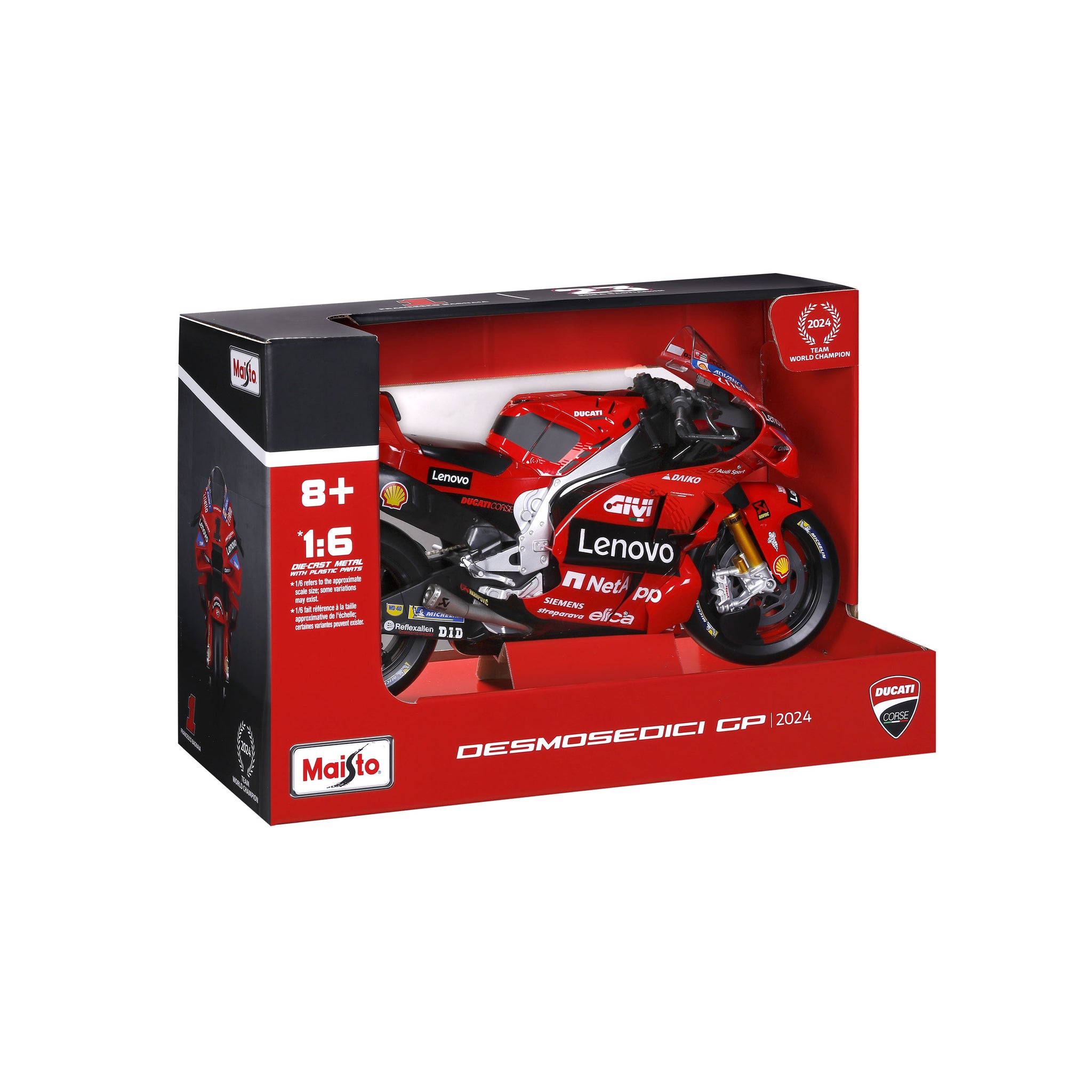 Maisto 1:6 Scale Ducati Desmosedici GP24 MotoGP Diecast Model Motorcycle, Lenovo Team Racing Replica