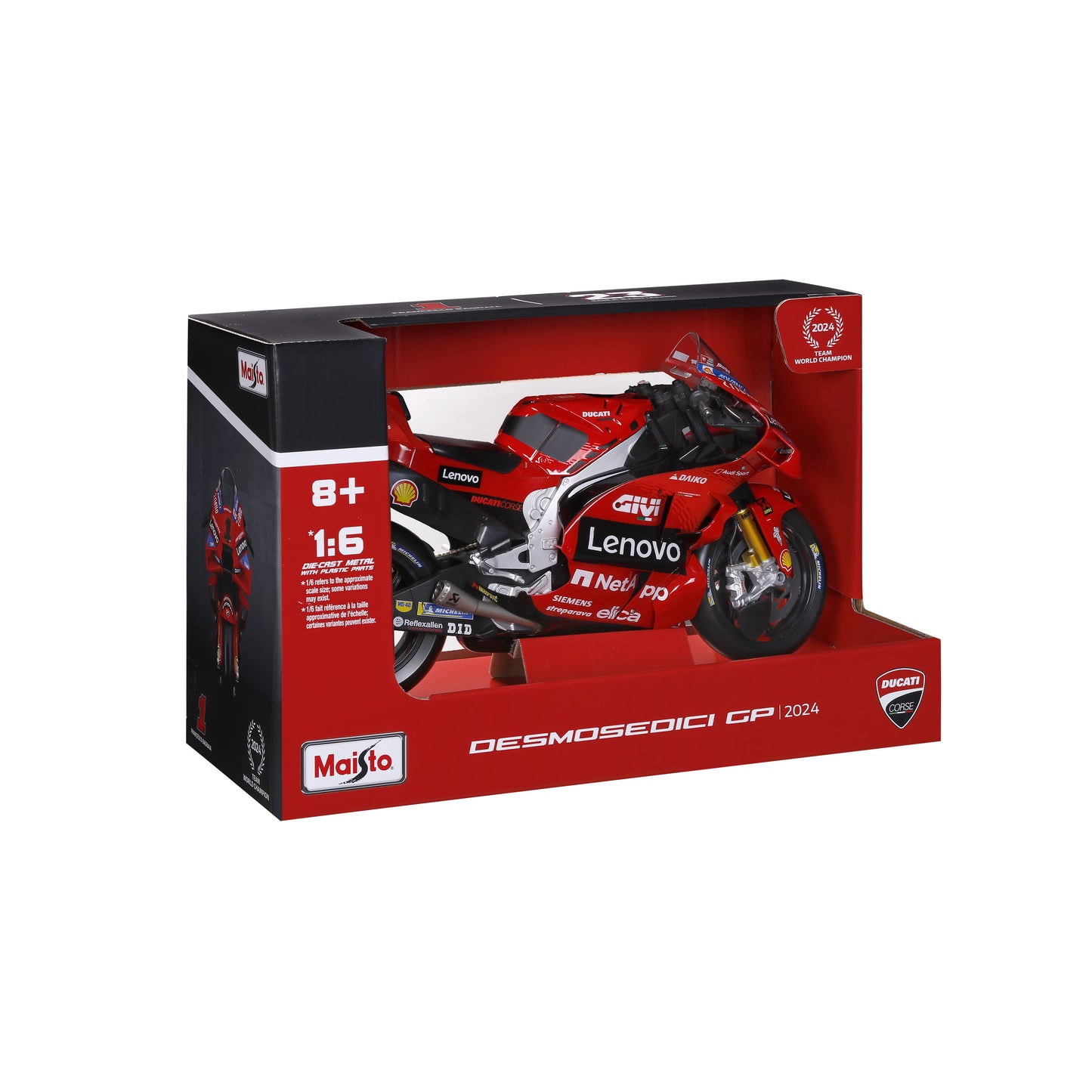 Maisto 1:6 Scale Ducati Desmosedici GP24 MotoGP Diecast Model Motorcycle, Lenovo Team Racing Replica