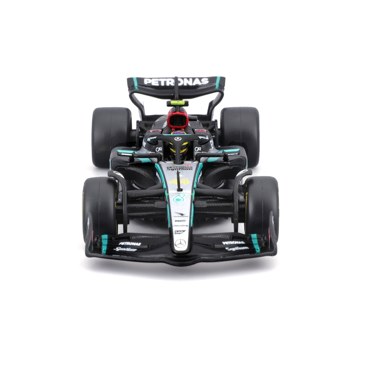 Bburago 1: 43 Formula (without helmet & plastic stand - Mercedes - AMG Petronas F1 W15 Team (2024) 2 - Pk. (Vertical) Die-Cast Model Car