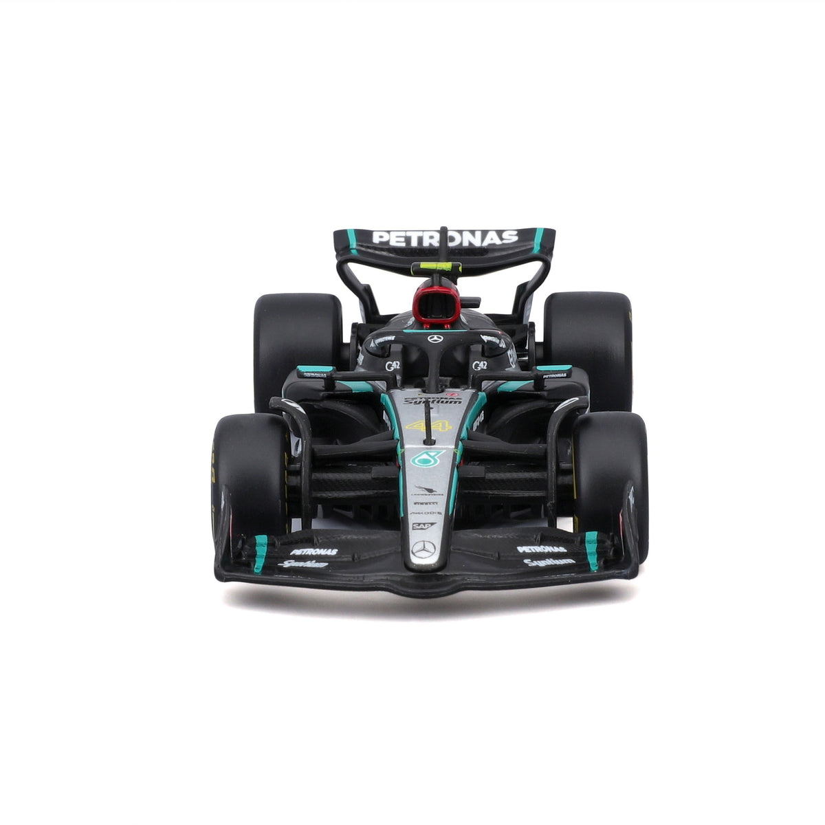 Bburago 1: 43 Formula (without helmet & plastic stand - Mercedes - AMG Petronas F1 W15 Team (2024) 2 - Pk. (Vertical) Die-Cast Model Car