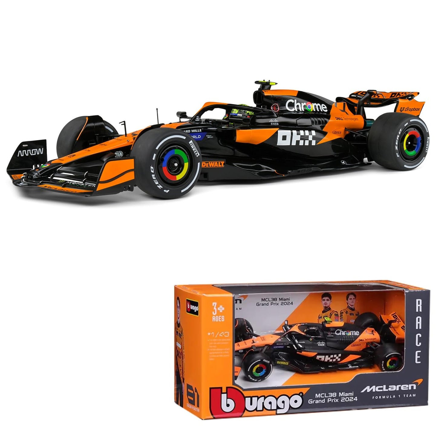 1:43 Formula (with helmet & plastic stand) - McLaren Team MCL38 (Miami GP) (2024)
