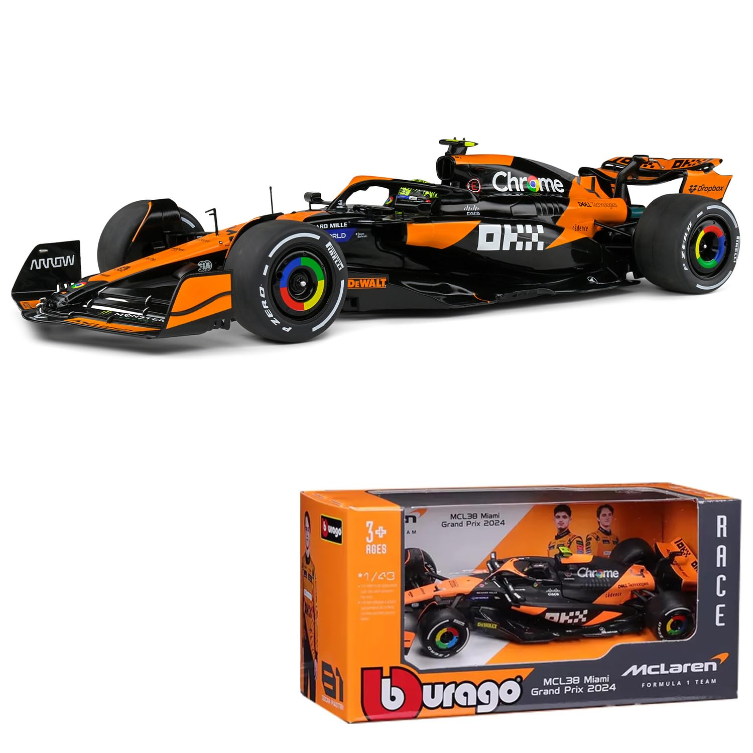 1:43 Formula (with helmet & plastic stand) - McLaren Team MCL38 (Miami GP) (2024)