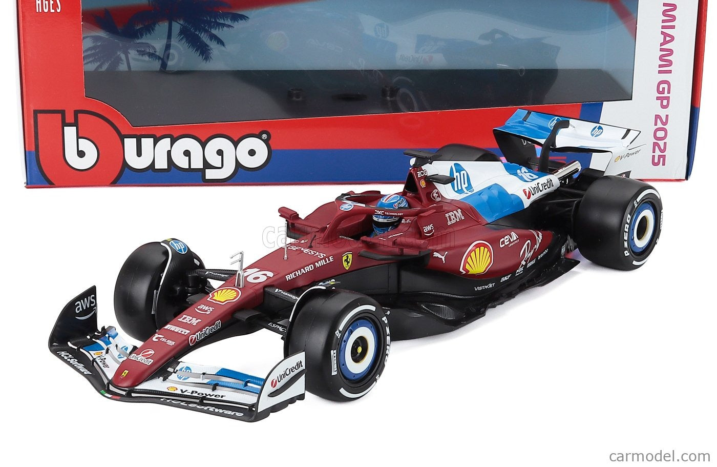 1:18 Ferrari SF-25 #16 Charles Leclerc Miami GP Die Cast Model (with helmet & plastic stand)