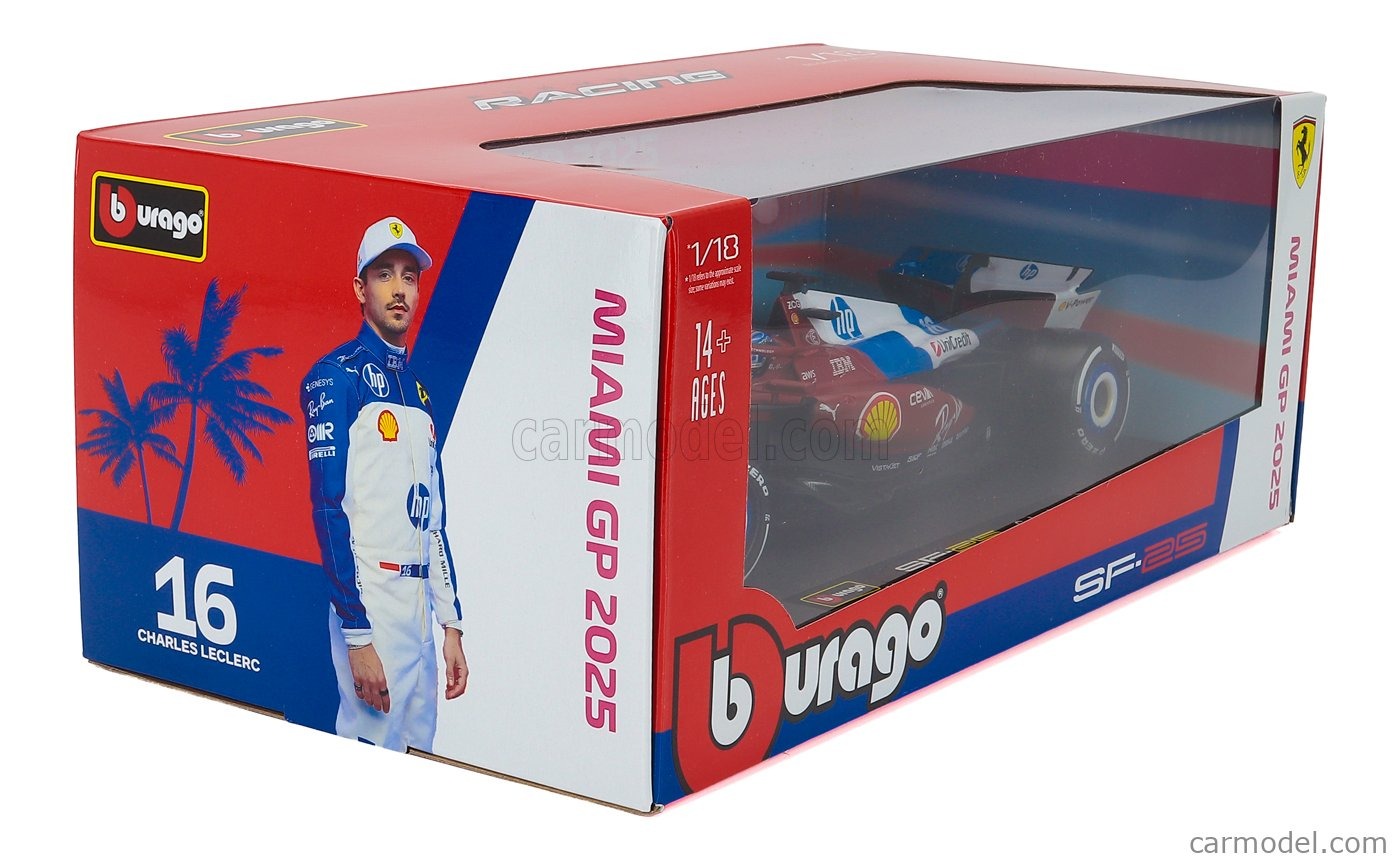 1:18 Ferrari SF-25 #16 Charles Leclerc Miami GP Die Cast Model (with helmet & plastic stand)